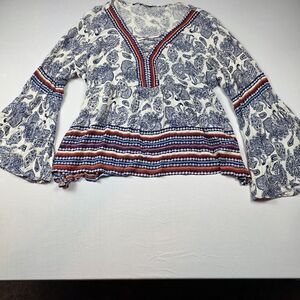 Paisley V-Neck Bell Sleeve Tunic in Navy, Red & White